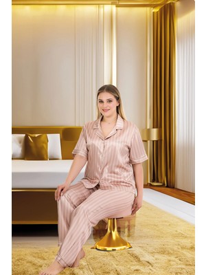 İlk El Grup Ieg™  Büyük Beden Şık Tasarım Vizon Çizgili Düğmeli Kısa Kol Lüx Saten Pijama Takımı