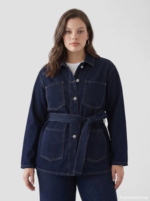 LC Waikiki Indigo Gömlek Yaka Beli Kuşaklı Kadın Jean Ceket
