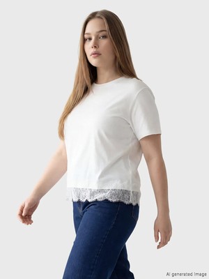 LC Waikiki Beyaz Bisiklet Yaka Dantel Detaylı Bluz