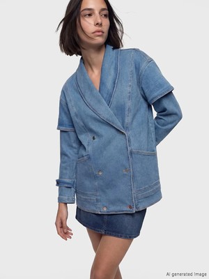 LC Waikiki Indigo Kruvaze Yaka Kadın Jean Ceket