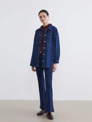 LC Waikiki Indigo Gömlek Yaka Kadın Jean Ceket