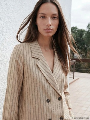 LC Waikiki Kahverengi Kruvaze Yaka Çizgili Kadın Blazer Ceket