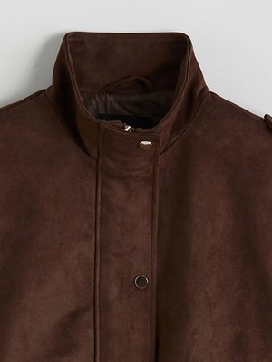 LC Waikiki Kahverengi Dik Yaka Oversize Kadın Süet Görünümlü Ceket