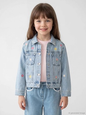 LC Waikiki Mavi Gömlek Yaka Çiçekli Kız Çocuk Jean Ceket