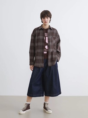 LC Waikiki Kahverengi Ekose Oversize Krinkle Kadın Gömlek