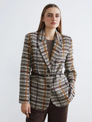 LC Waikiki Bej Ekose Kemerli Kadın Tüvit Blazer Ceket
