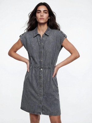 LC Waikiki Antrasit Gömlek Yaka Mini Jean Elbise