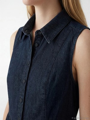 LC Waikiki Lacivert Gömlek Yaka Büzgülü Mini Jean Elbise