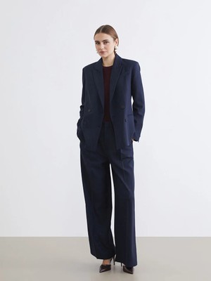 LC Waikiki Lacivert Kruvaze Yaka Çizgili Kadın Blazer Ceket