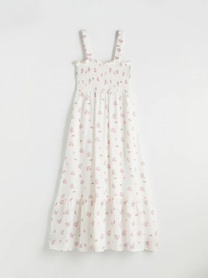 LC Waikiki Pembe Büzgülü Çiçekli Uzun Elbise
