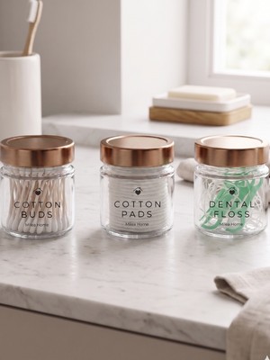 Milea 3'lü Şeffaf Cam Derin Kapaklı Düzenleyici Kulak Pamuğu Diş Ipi Banyo Organizer Seti – Cotton Buds & Cotton Pads & Dental Floss Yazılı Etiketli/ 255 ml