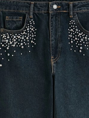LC Waikiki Indigo Taşlı Wideleg Kadın Jean Pantolon