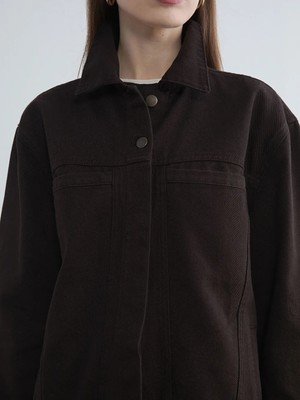 LC Waikiki Kahverengi Gömlek Yaka Oversize Kadın Jean Ceket