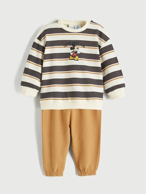 LC Waikiki Ekru Mickey Mouse Baskılı Erkek Bebek Sweathshirt ve Eşofman Alt