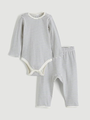 LC Waikiki Ekru Çizgili Erkek Bebek Body ve Pantolon Takım