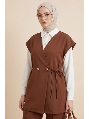 Moda Morfo Düğme Detaylı Çift Bağcıklı Yelek Pantolon Double Krep Takım -Taba