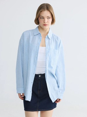 LC Waikiki Mavi Çizgili Oversize Keten Karışımlı Kadın Gömlek