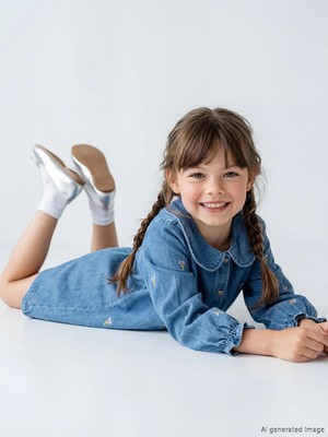 LC Waikiki Indigo Bebe Yaka Nakışlı Kız Çocuk Jean Elbise