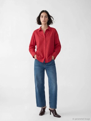 LC Waikiki Kırmızı Çizgili Oversize Kadın Gömlek