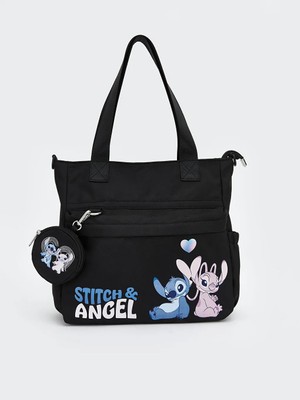 LC Waikiki Siyah Stitch ve Angel Baskılı Kız Çocuk Omuz Çantası