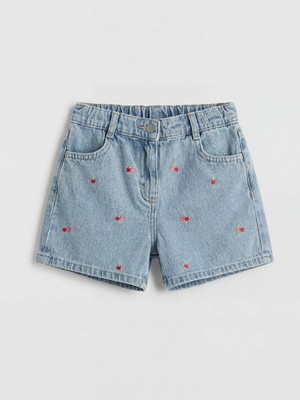 LC Waikiki Indigo Beli Lastikli Nakışlı Kız Çocuk Jean Şort
