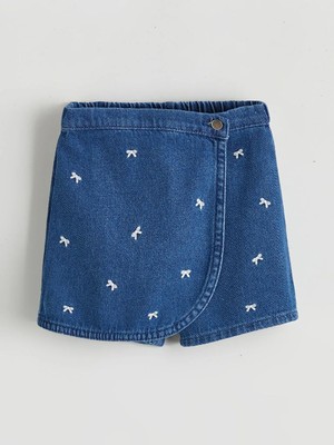 LC Waikiki Indigo Kurdele Nakışlı Kız Çocuk Jean Şort