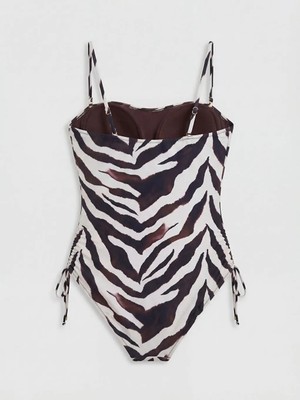 LC Waikiki Kahverengi Kare Yaka Zebra Desenli Kadın Mayo