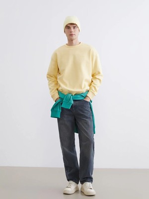 LC Waikiki Sarı Bisiklet Yaka Baskılı Erkek Kalın Sweatshirt