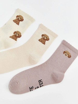 LC Waikiki Ekru Köpek Baskılı Kadın Soket Çorap 3'lü