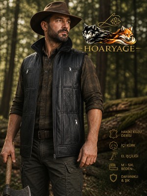 Hoaryage Erkek Patchwork Içi Kürk – Dışı  Hakiki Deri Koyun Yünü Yakalı Biye ve Triko Detaylı Yelek