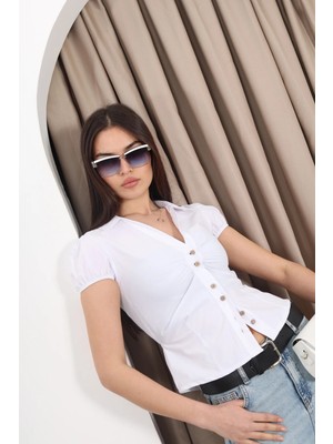 YEK&BİR Kısa Kol Lastikli Düğme Detallı Arkası Biyeli Gömlek