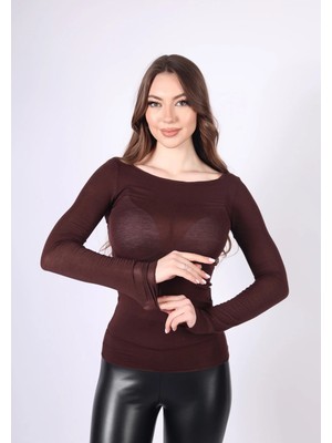 YEK&BİR Transparan Kumaş Kayık Yaka Uzun Kollu Bluz
