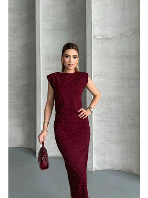 YEK&BİR Sıfır Kol Vatkalı Taşlı Krep Elbise