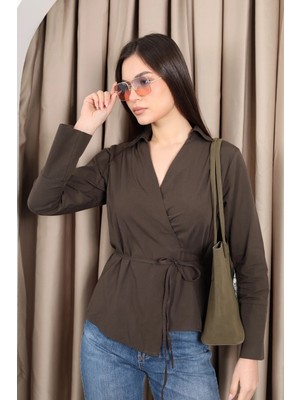 YEK&BİR Bağlama Detaylı Gömlek Uzun Kol Düz Desenli Modern Stil Pamuk Kumaş