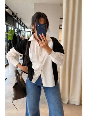 YEK&BİR Kadın Garnili Taş Detaylı Oversize Gömlek Siyah Beyaz