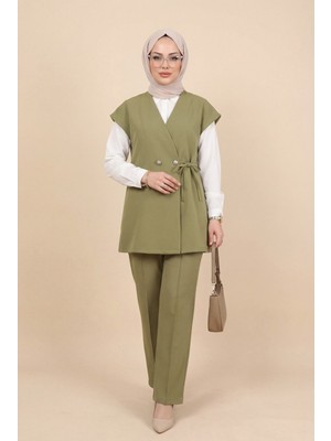 Moda Morfo Düğme Detaylı Çift Bağcıklı Yelek Pantolon Double Krep Takım -Haki