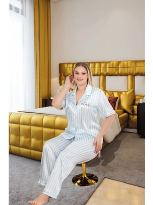 Aria's Closet Arias Closet Büyük Beden Şık Tasarım Mavi Çizgili Düğmeli Kısa Kol Lüx Saten Pijama Takımı
