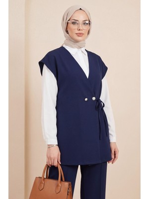 Moda Morfo Düğme Detaylı Çift Bağcıklı Yelek Pantolon Double Krep Takım -Laci