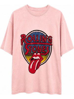 Zelish My Sister Pudra Rock Baskılı Soluk Efektli Oversize Tshirt