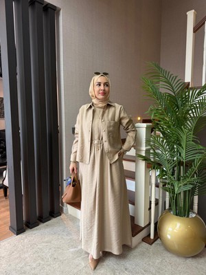 Esra Butik Bej Renk Pamuklu Tensel Kumaş Tunikli Tesettür Elbise Takımı