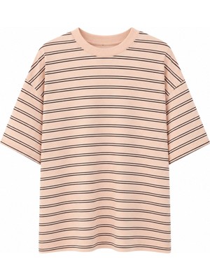 Zelish My Sister Pembe O Yaka Çizgili Tshirt