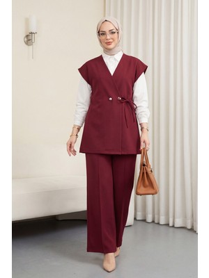 Moda Morfo Düğme Detaylı Çift Bağcıklı Yelek Pantolon Double Krep Takım -Bordo