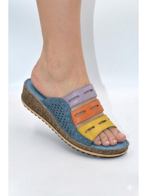 Shoemix Kadın Hakiki Deri Renkli Bantlı Anatomik Terlik