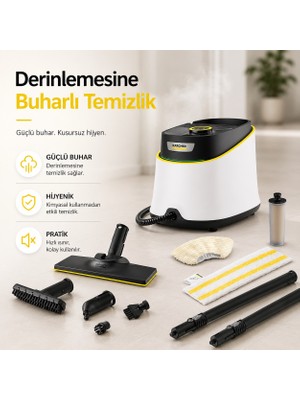Karcher Buharlı Temizlik Makinesi 1900W Ev Tipi Mop Fayans Parke Derz Zemin Temizleyici Kimyasalsız Dezenfektan 3.5 Bar Buharlı Paspas Seti Sc 3 Deluxe