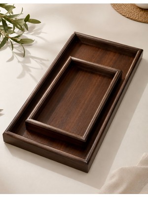 Aşkana Bambu 2li En Büyük Boy Dikdörtgen Tepsi Seti, Servis & Sunum Tepsisi | 50×21 Cm+30×15 Cm, Koyu Ton Kahverengi-Akasya