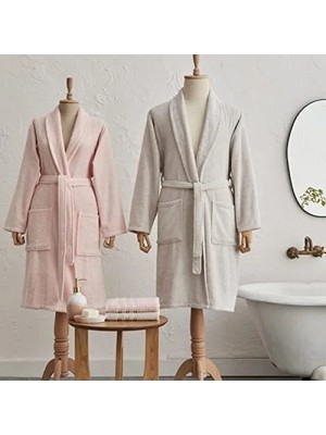 4 Parça Aile Banyo Seti - Bornoz ve Baş Havlusu Seti, Pudra Gri
