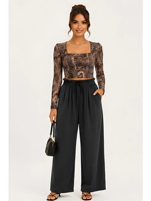 Lili Woman Kadın Paisley Desenli Tül Crop Bluz E.2557