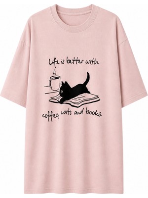 Zelish My Sister Pudra Coffee Cats Soluk Efektli Oversize Tshirt