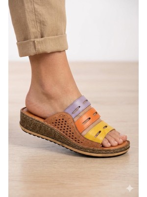Shoemix Kadın Hakiki Deri Renkli Bantlı Anatomik Terlik