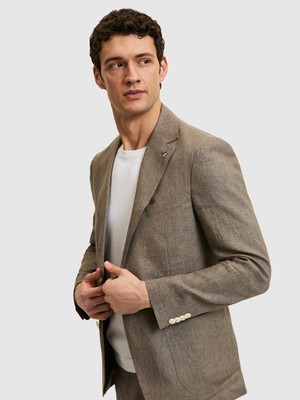 Cacharel Erkek Kahverengi Slim Fit %100 Keten Mikro Desen Mono Yaka Ceket 50324476-VR153